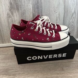 Converse Burgundy Floral Platform Lift Sneaker Womens 8.5 Low Top Cottage Spring